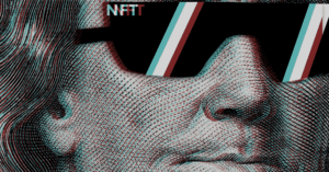Retrato de George Washington con gafas negras que llevan la palabra NFT, simbolizando la relación entre la historia y las tecnologías emergentes.