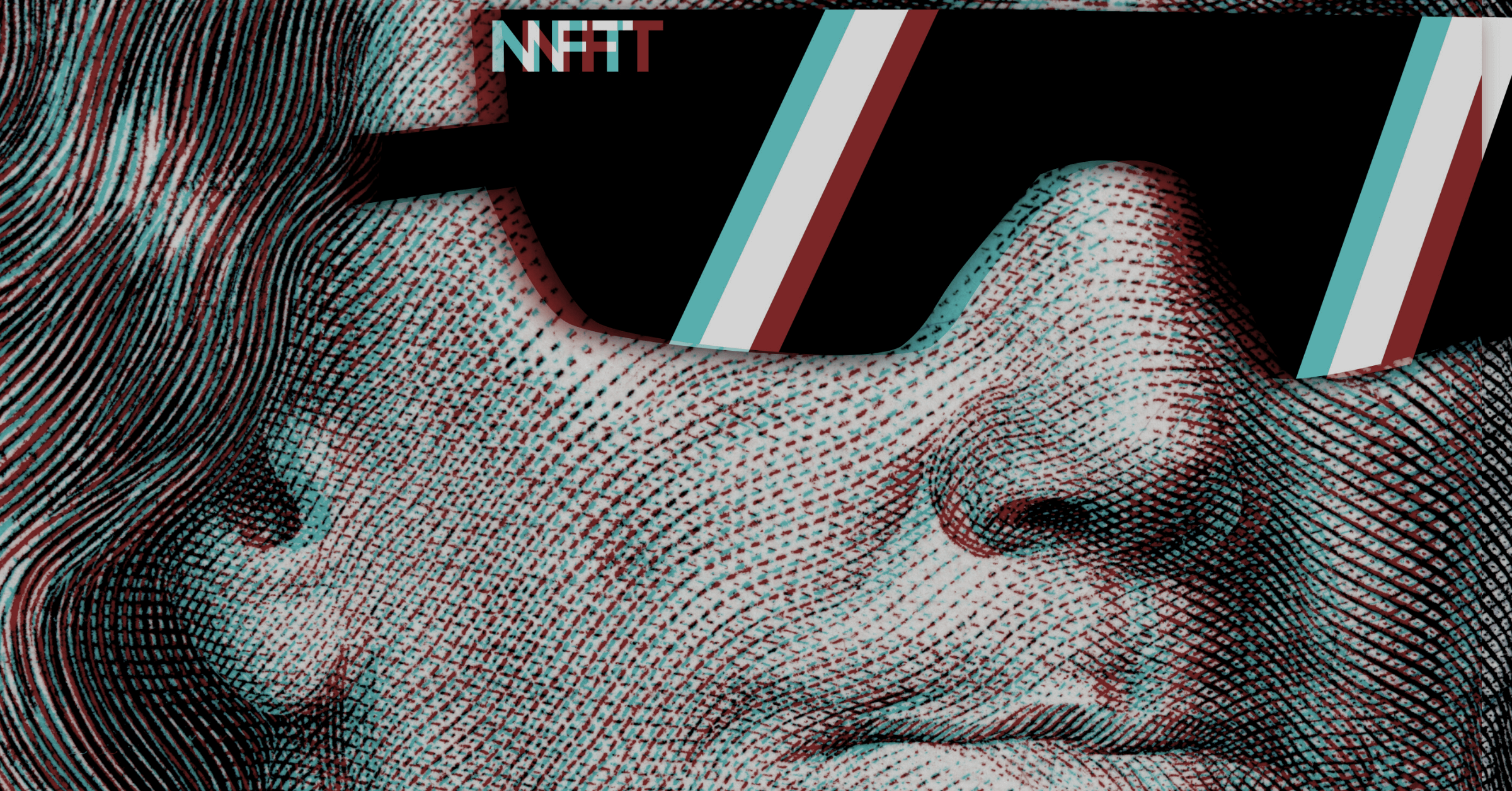 Retrato de George Washington con gafas negras que llevan la palabra NFT, simbolizando la relación entre la historia y las tecnologías emergentes.