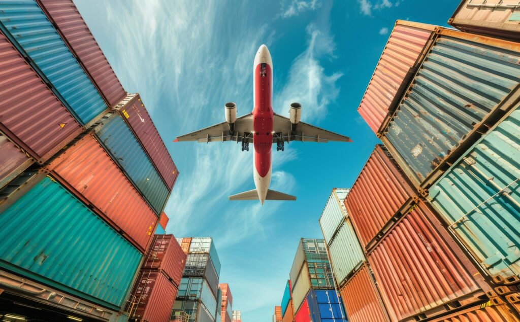 Avión comercial sobre contenedores de carga en un puerto logístico